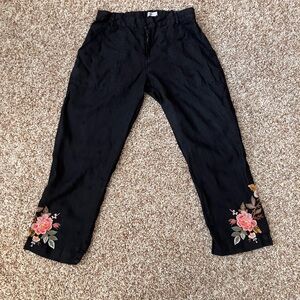 Johnny Was Black Floral Embroidered Pants Boho Chic Size S Elegant Embroidery